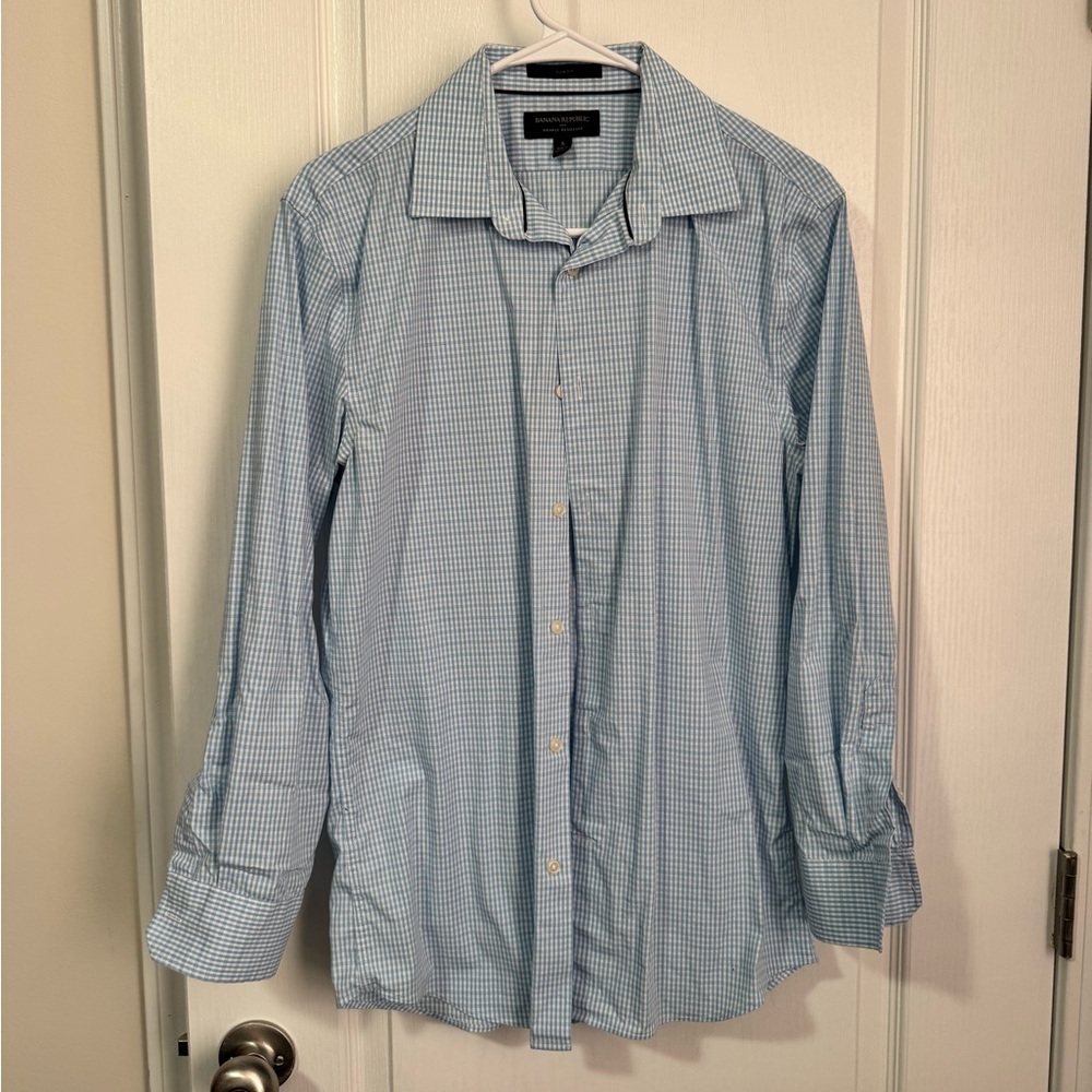 Banana Republic Wrinkle Resistant Slim Fit Blue Plaid Button Up